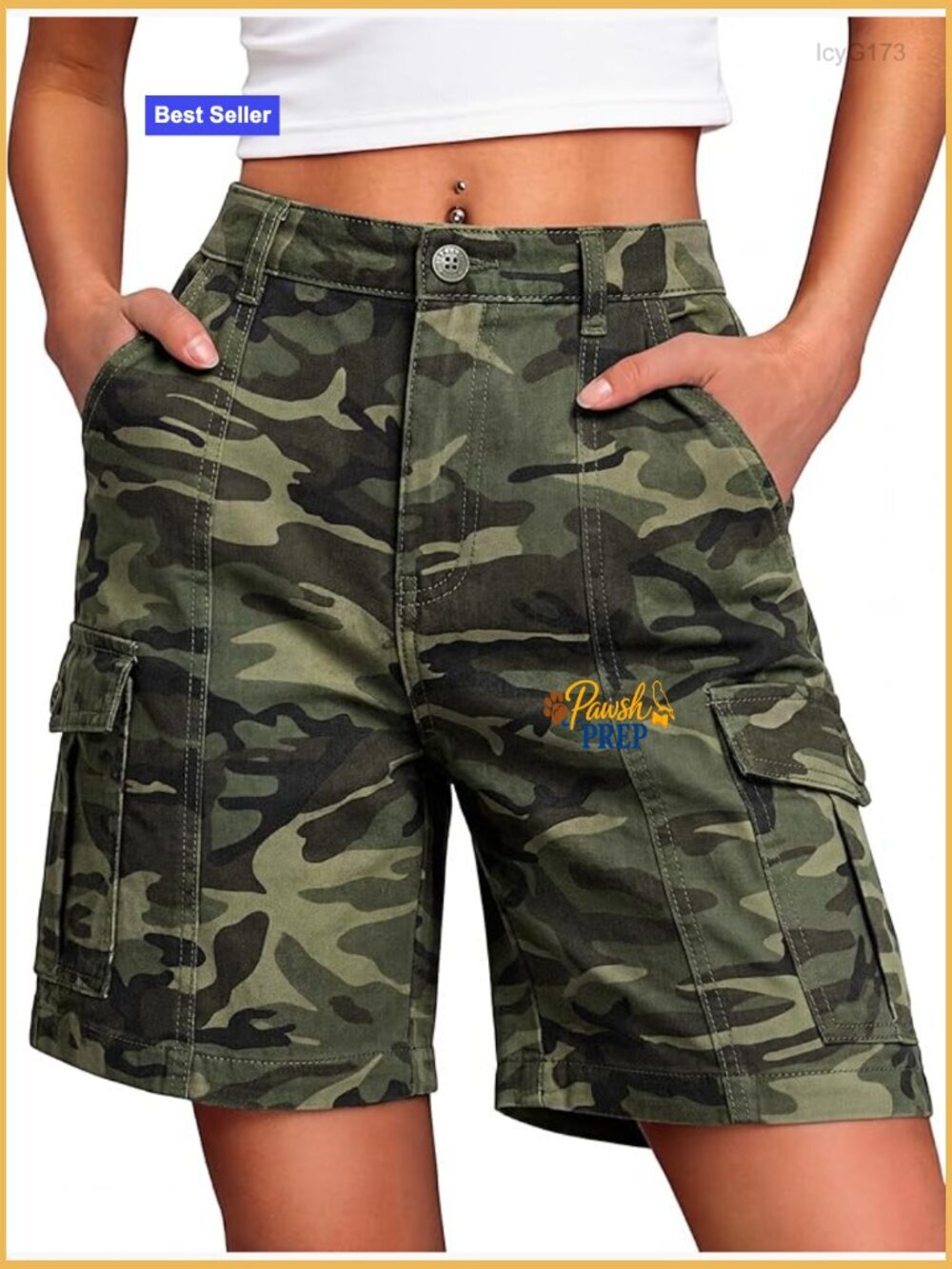 Bermuda Cargo Denim Shorts for Women Knee Length 6 Pockets Elastic Waist